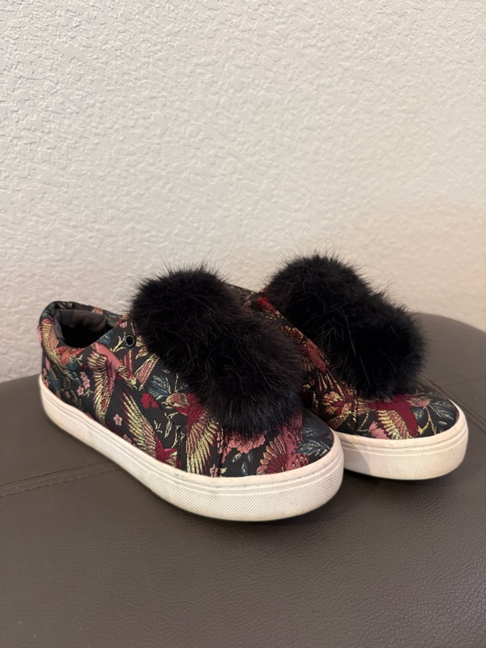 Sam Edelman Floral Slip-On Sneakers with Black Fur Pom